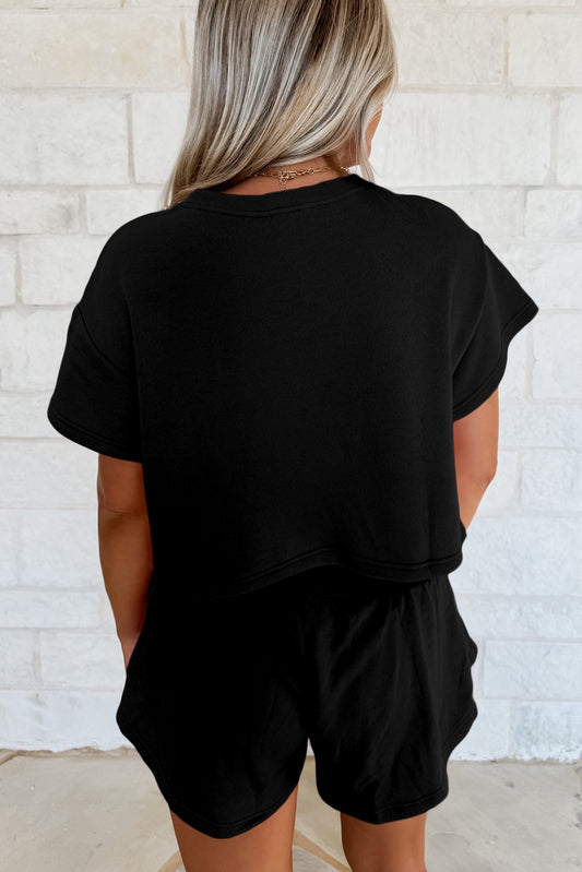 Black 2pcs Cropped Tee and Ruffle High Waist Skort Set