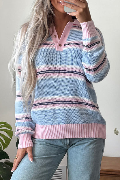 Sky Blue Stripe Striped Button Collar Long Sleeve Shift Fit Winter Knitwear Sweater