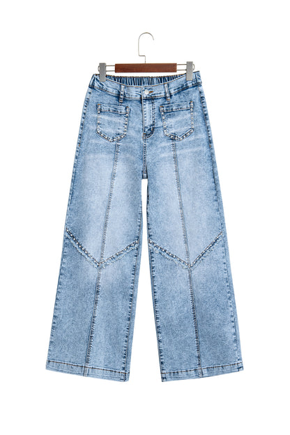 Beau Blue Frayed Studded Detail Wide Leg Pocketed Jeans