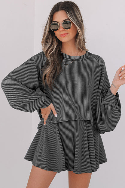 Jet Stream Corded Lantern Sleeve Top High Waist Ruffled Mini Skort Set