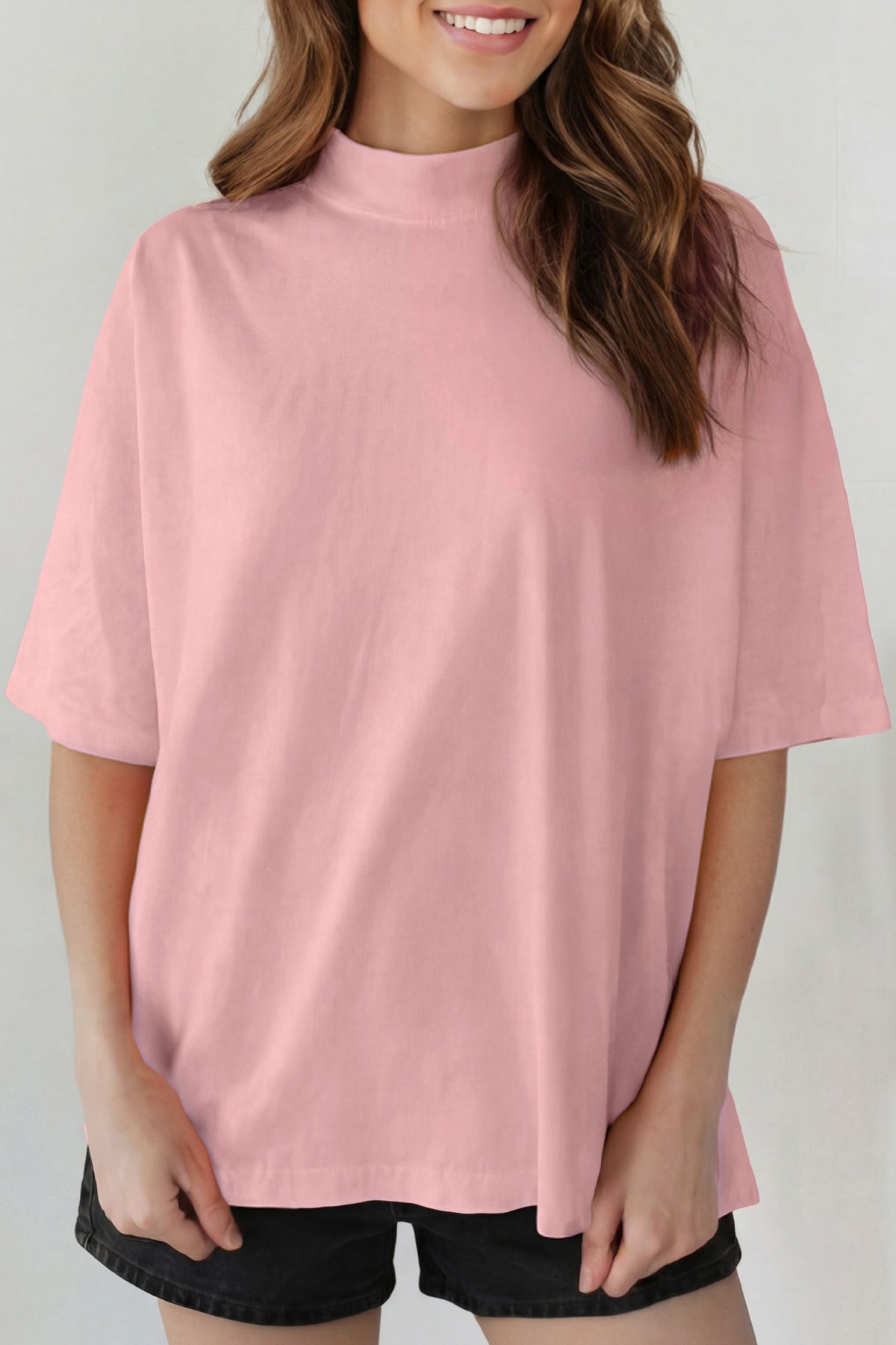 Sachet Pink Solid Color High Neck Oversize Tee