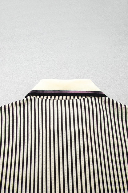 Black Stripe Patchwork Striped V Neck Tunic Plus Size Blouse