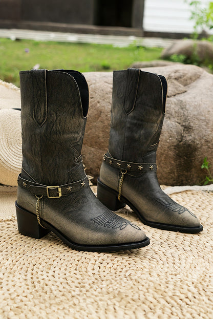 Dark Brown Western Distressed Pointed Toe Chunky Heel Boots