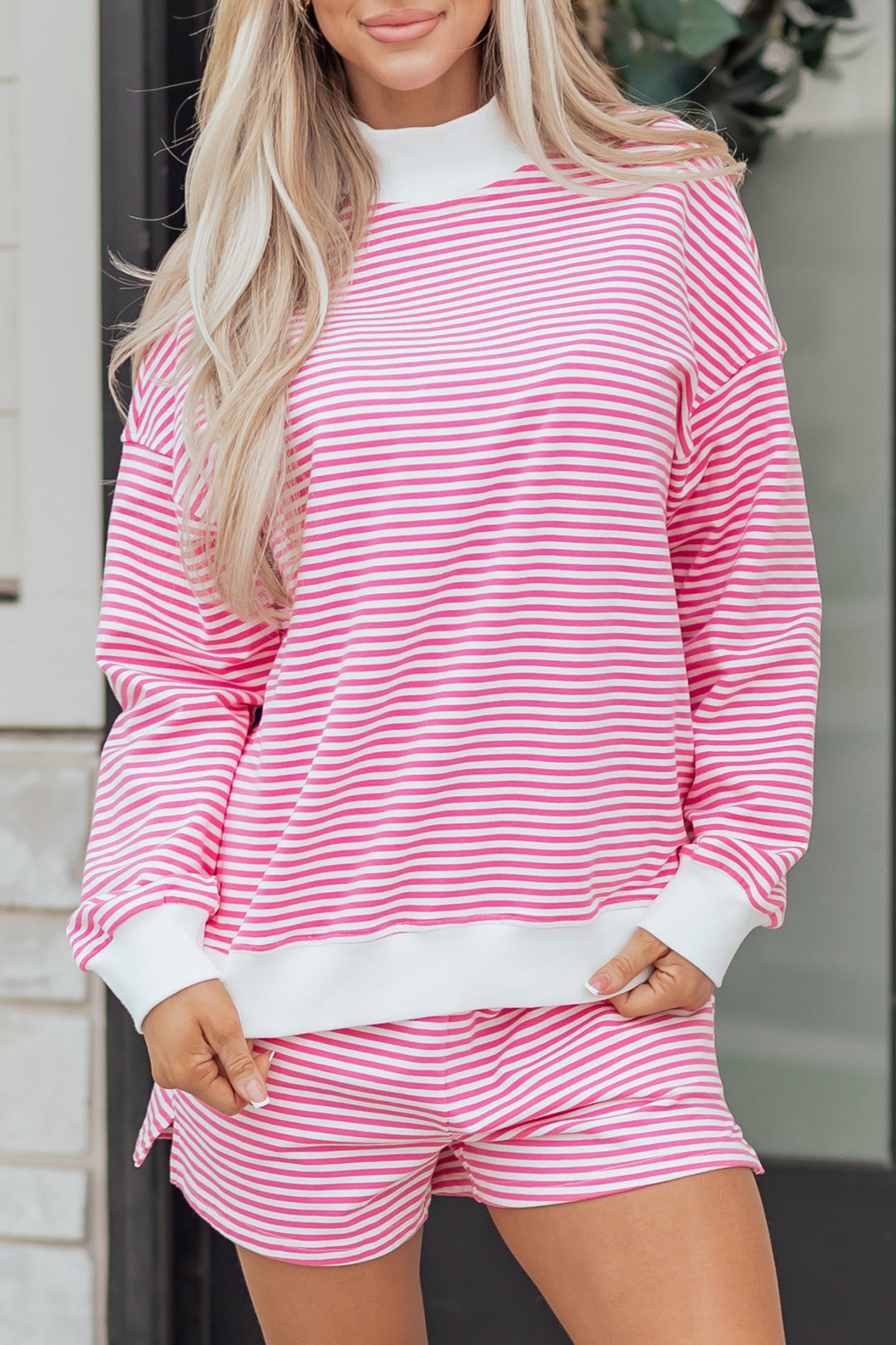 Pink Stripe Oversize Mock Neck Sweatshirt and Shorts Set