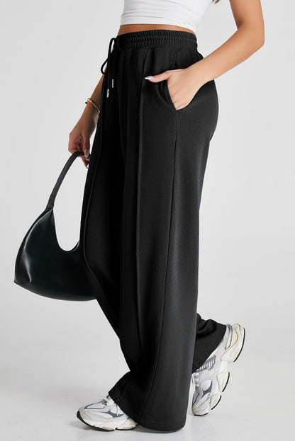 Gray Seamed Drawstring High Waist Wide Leg Sweatpants
