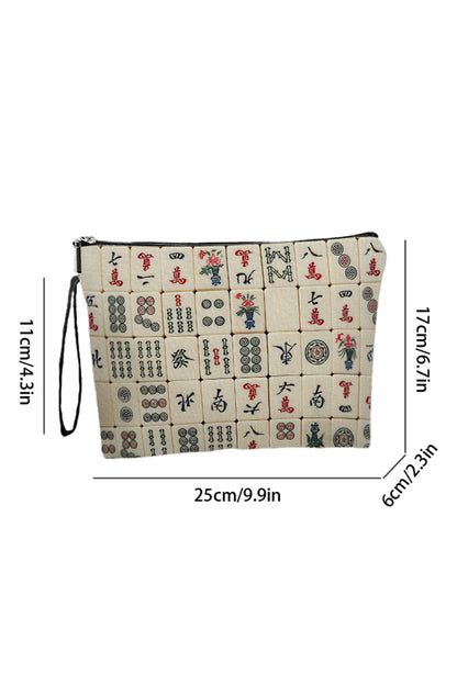 White Mahjong Pattern Printed Canvas Cosmetic Bag
