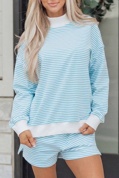 Pink Stripe Oversize Mock Neck Sweatshirt and Shorts Set