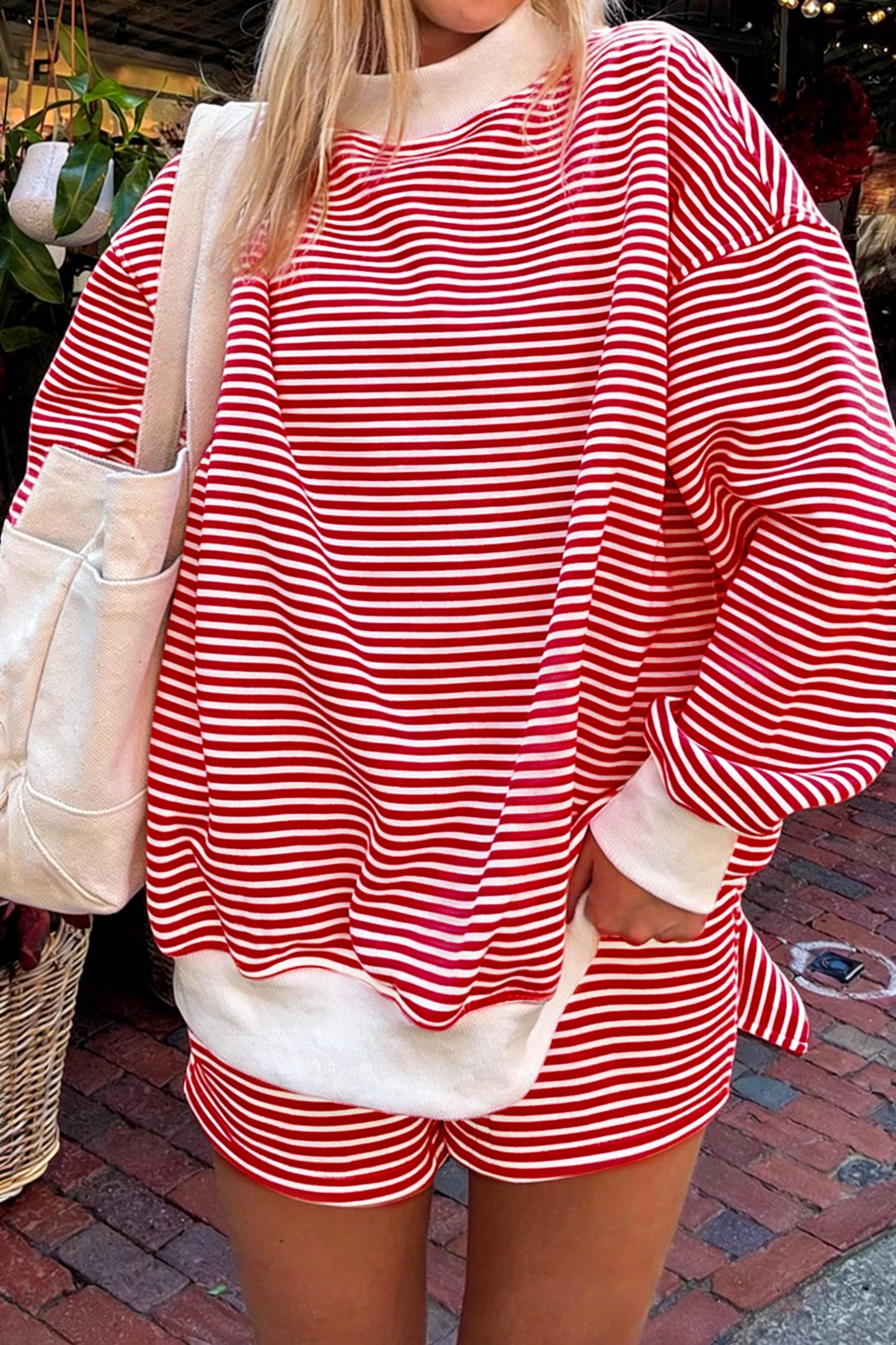 Pink Stripe Oversize Mock Neck Sweatshirt and Shorts Set
