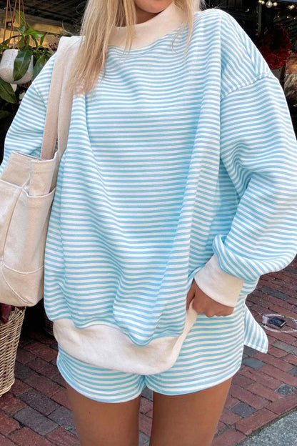 Pink Stripe Oversize Mock Neck Sweatshirt and Shorts Set