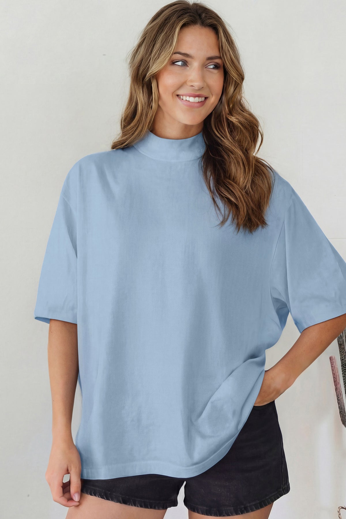 Sachet Pink Solid Color High Neck Oversize Tee