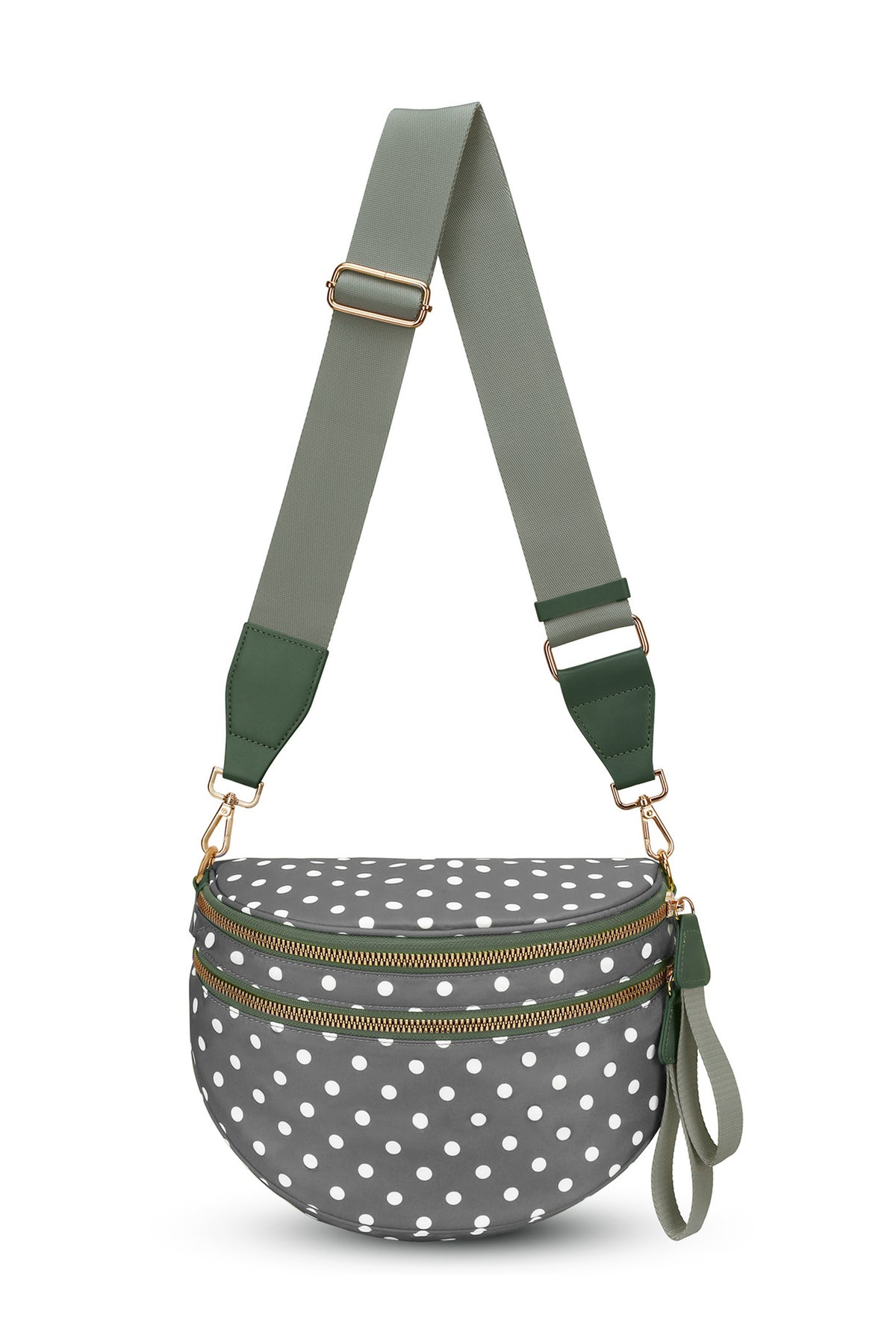 Blackish Green Retro Polka Dot Print Double Zip Crossbody Bag