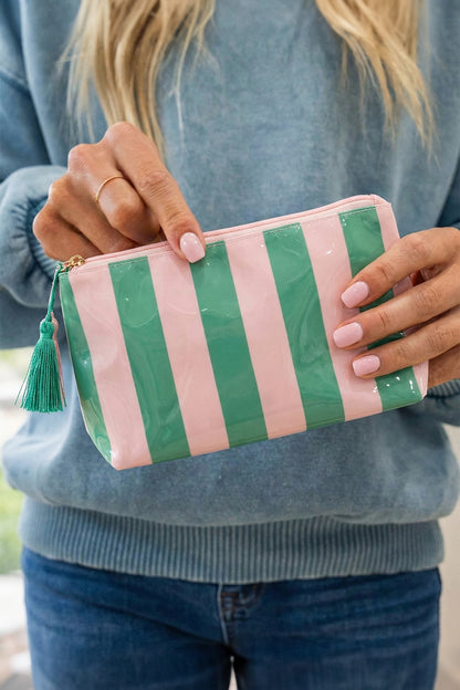 Carrot Striped Vinyl Waterproof Tassel Zipper Makeup Bag