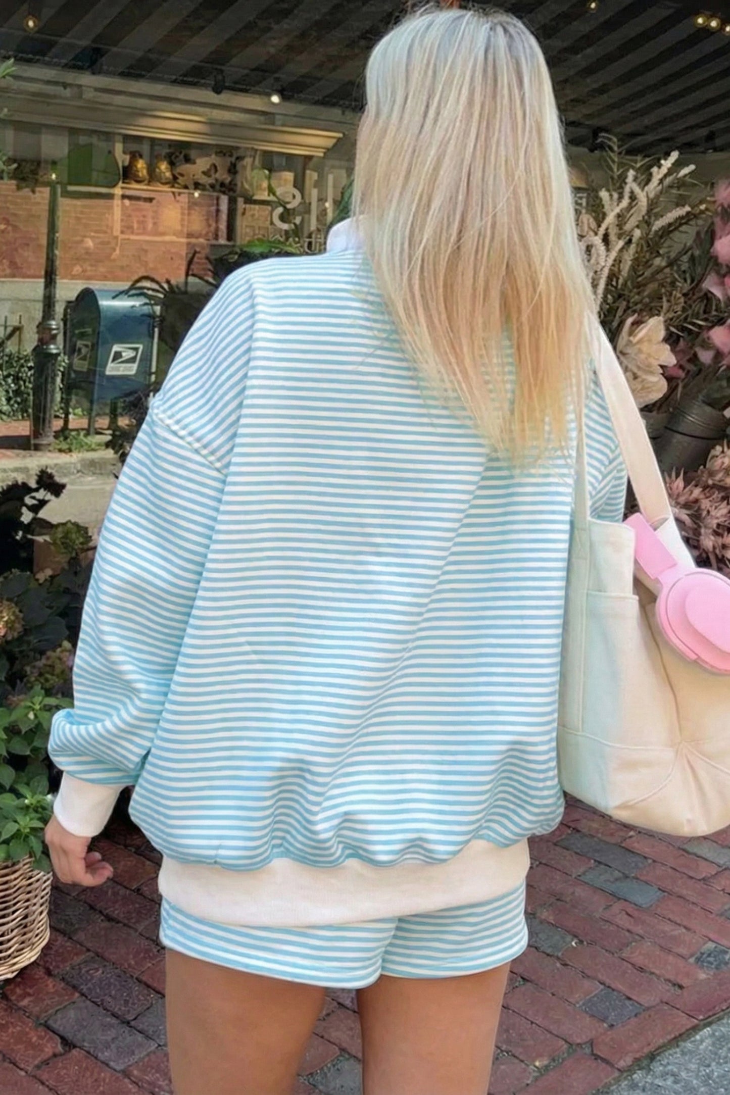 Pink Stripe Oversize Mock Neck Sweatshirt and Shorts Set