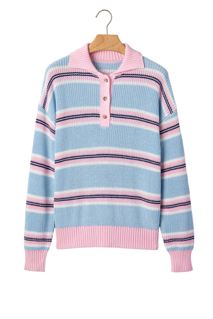 Sky Blue Stripe Striped Button Collar Long Sleeve Shift Fit Winter Knitwear Sweater