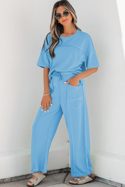 Sky Blue Drop Shoulder Boxy Tee and Barrel Pants Set