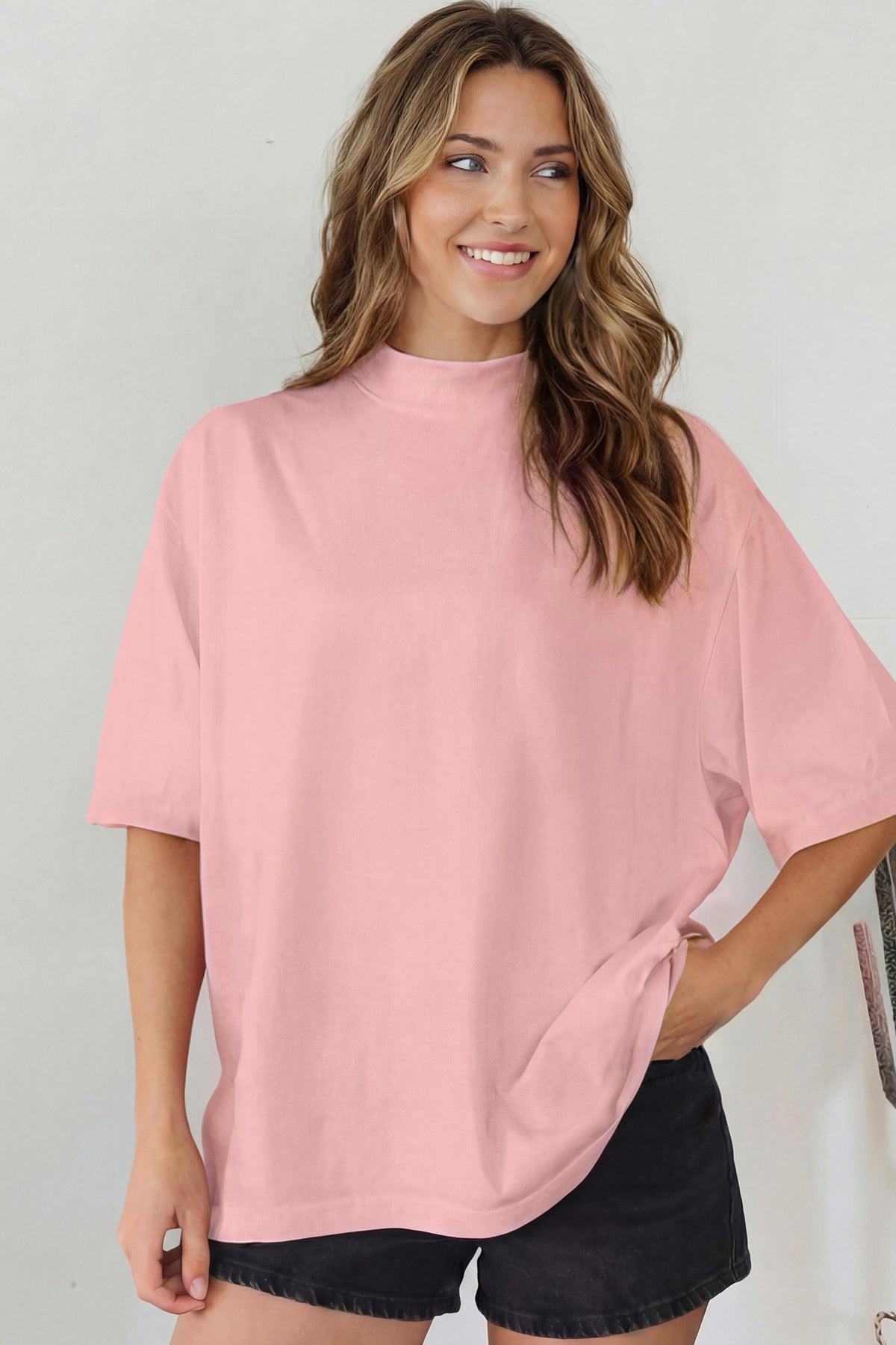 Sachet Pink Solid Color High Neck Oversize Tee