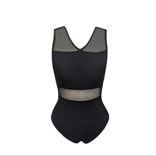 **Pre-Order** Adult V-Neck Mesh Inset Black Leotard